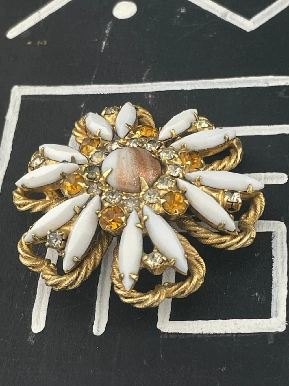 Verified Juliana D&E Brooch Gold Fluss Aventurine Milk Glass Topaz Rhinestone